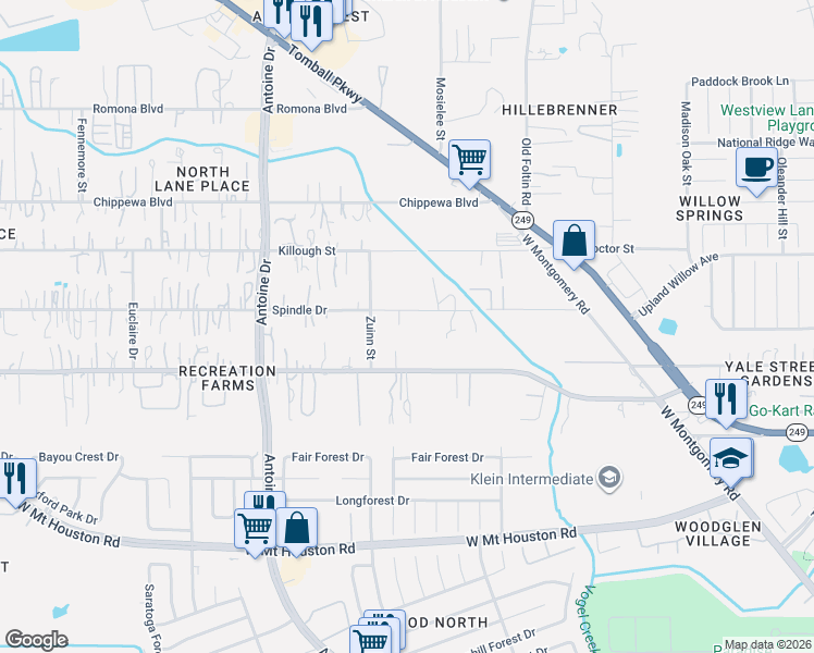 map of restaurants, bars, coffee shops, grocery stores, and more near 5513 Spindle Drive in Houston