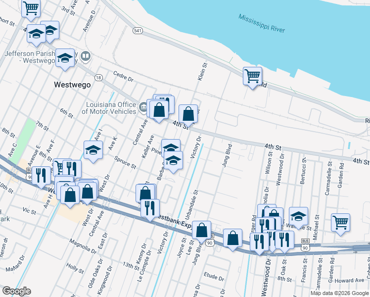 map of restaurants, bars, coffee shops, grocery stores, and more near 543 Victory Drive in Westwego