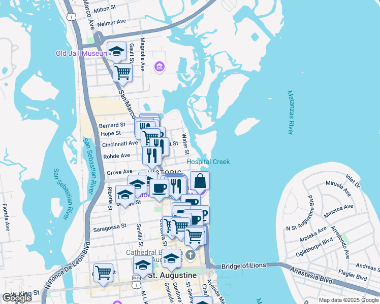 map of restaurants, bars, coffee shops, grocery stores, and more near 2795 Water Street in St. Augustine