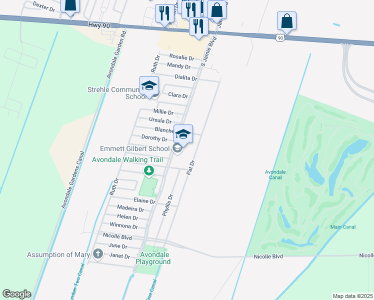 map of restaurants, bars, coffee shops, grocery stores, and more near 435 South Jamie Boulevard in Avondale