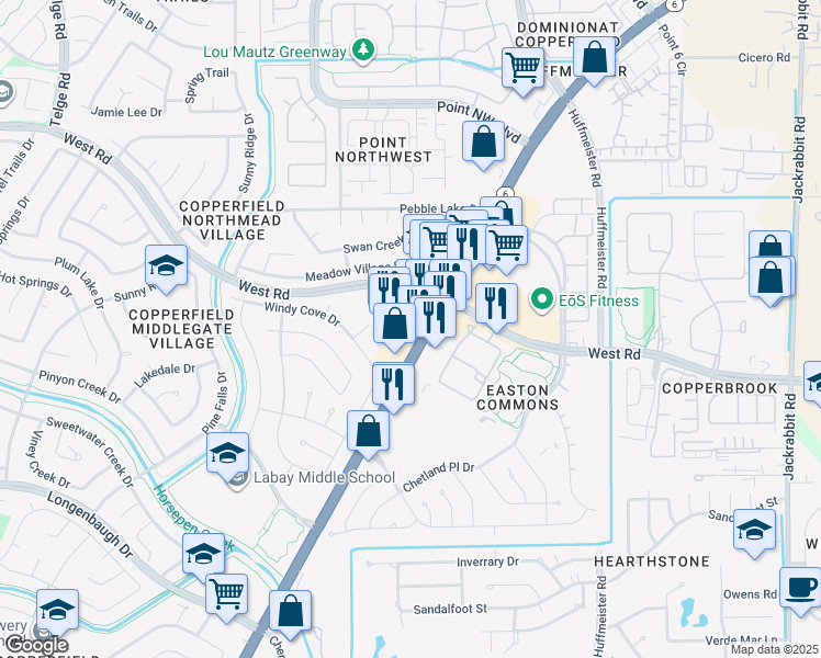 map of restaurants, bars, coffee shops, grocery stores, and more near 8473 Highway 6 North in Houston