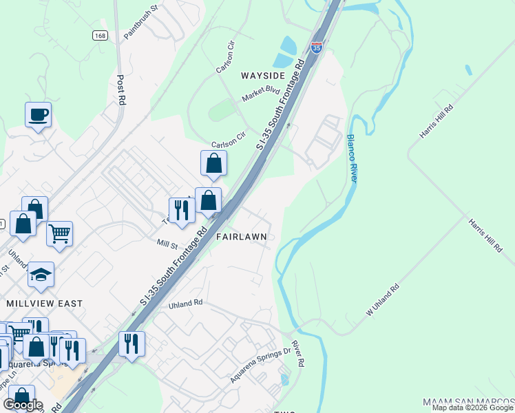 map of restaurants, bars, coffee shops, grocery stores, and more near 1003 Hackberry Street in San Marcos