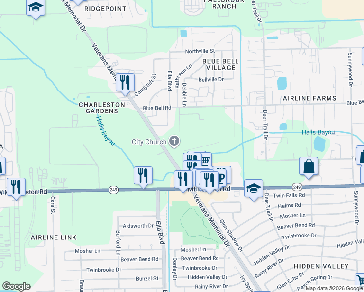 map of restaurants, bars, coffee shops, grocery stores, and more near 9610 Veterans Memorial Drive in Houston
