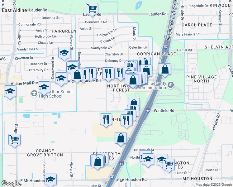map of restaurants, bars, coffee shops, grocery stores, and more near 12215 Northwood Forest Drive in Houston
