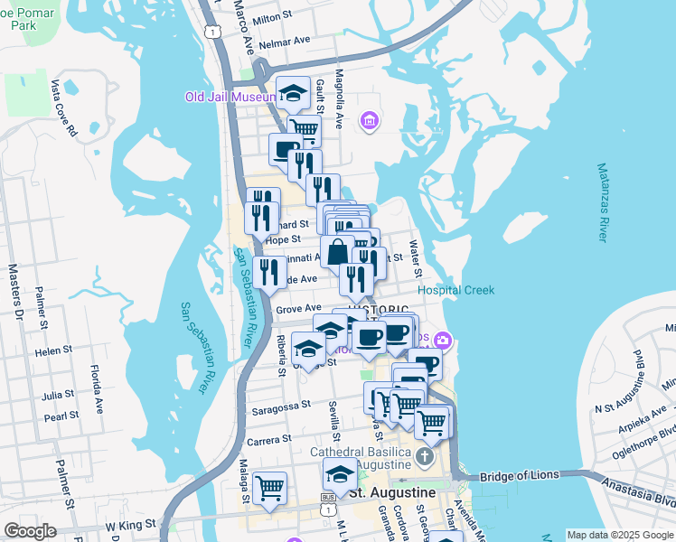 map of restaurants, bars, coffee shops, grocery stores, and more near 7 Rohde Avenue in St. Augustine