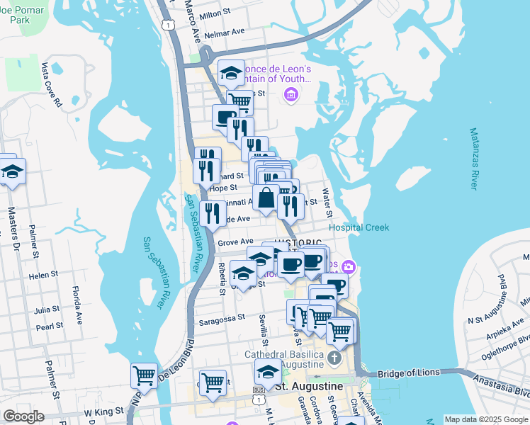 map of restaurants, bars, coffee shops, grocery stores, and more near 7 Rohde Avenue in St. Augustine