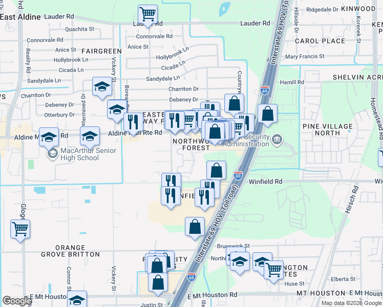 map of restaurants, bars, coffee shops, grocery stores, and more near 12215 Northwood Forest Drive in Houston
