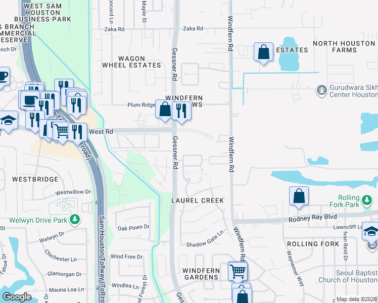 map of restaurants, bars, coffee shops, grocery stores, and more near 9431 Creek Vine Drive in Houston