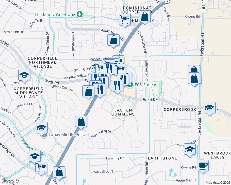 map of restaurants, bars, coffee shops, grocery stores, and more near 15125 West Road in Houston