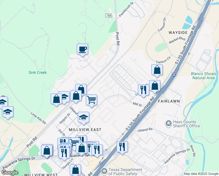 map of restaurants, bars, coffee shops, grocery stores, and more near 1701 Mill Street in San Marcos