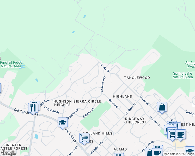 map of restaurants, bars, coffee shops, grocery stores, and more near 107 Juniper Court in San Marcos