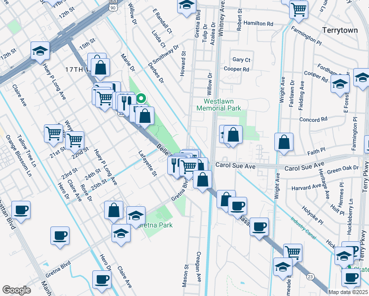 map of restaurants, bars, coffee shops, grocery stores, and more near 405 Gretna Boulevard in Gretna