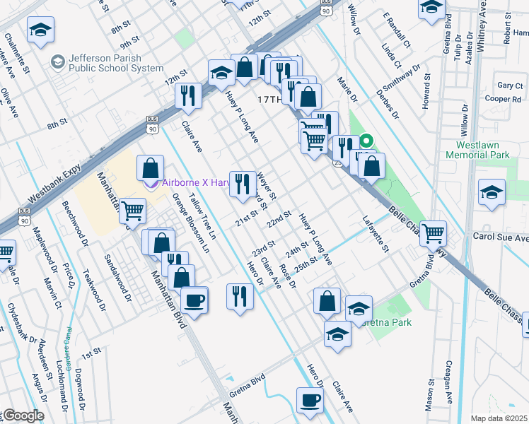 map of restaurants, bars, coffee shops, grocery stores, and more near 2127 Stafford Street in Gretna