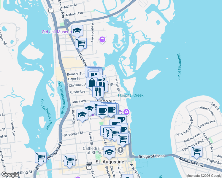 map of restaurants, bars, coffee shops, grocery stores, and more near 41 Osceola Street in St. Augustine