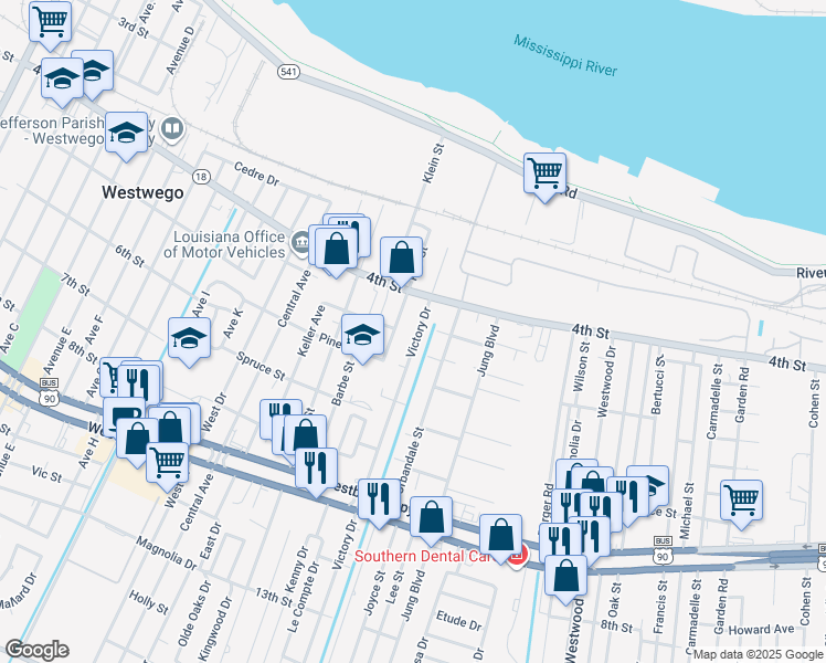 map of restaurants, bars, coffee shops, grocery stores, and more near 543 Victory Drive in Westwego