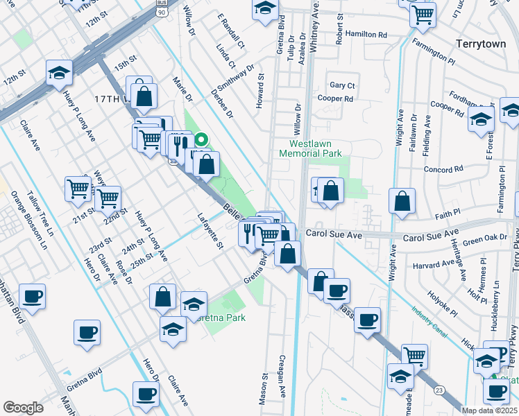 map of restaurants, bars, coffee shops, grocery stores, and more near 405 Gretna Boulevard in Gretna