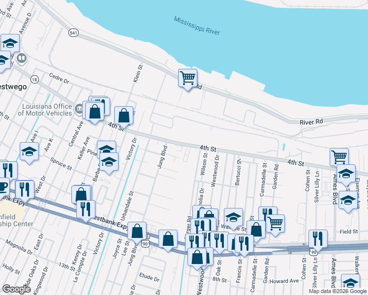 map of restaurants, bars, coffee shops, grocery stores, and more near 7414 Claremont Drive in Marrero