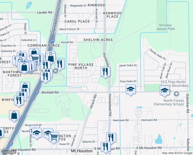 map of restaurants, bars, coffee shops, grocery stores, and more near 12262 Wild Pine Drive in Houston