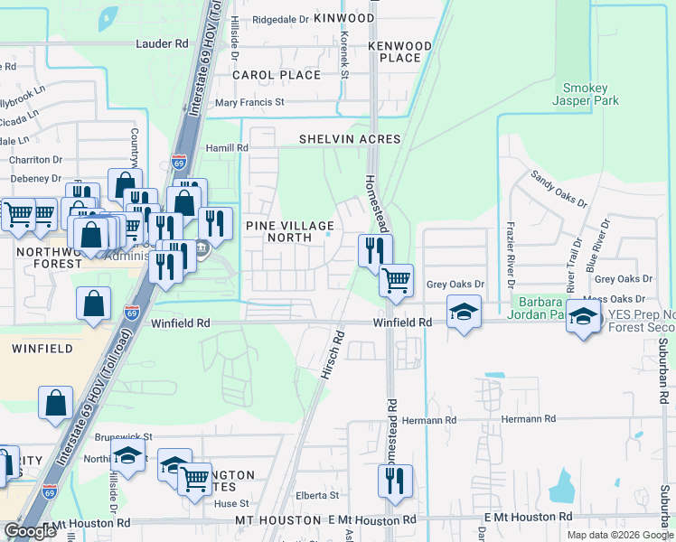 map of restaurants, bars, coffee shops, grocery stores, and more near 12222 Wild Pine Drive in Houston