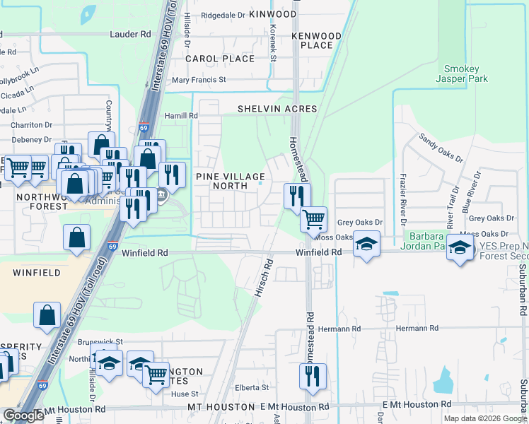 map of restaurants, bars, coffee shops, grocery stores, and more near 12145 Pine Lawn Lane in Houston
