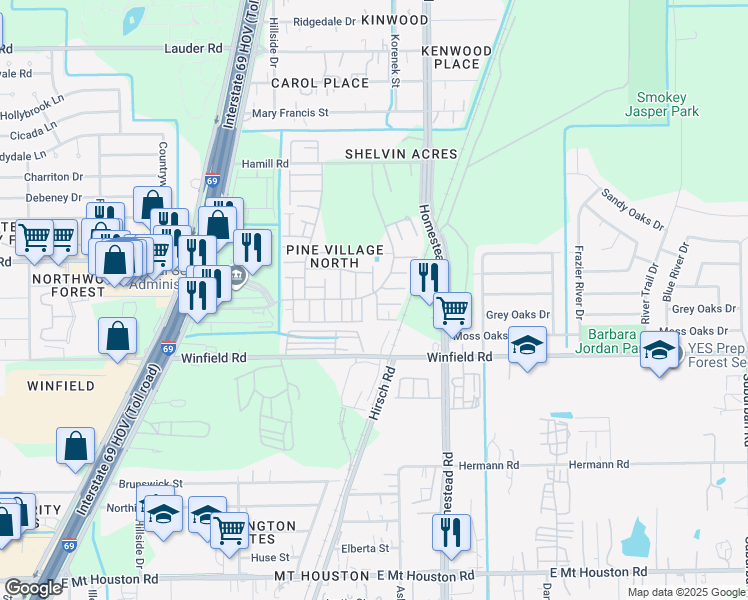 map of restaurants, bars, coffee shops, grocery stores, and more near 12145 Pine Lawn Lane in Houston