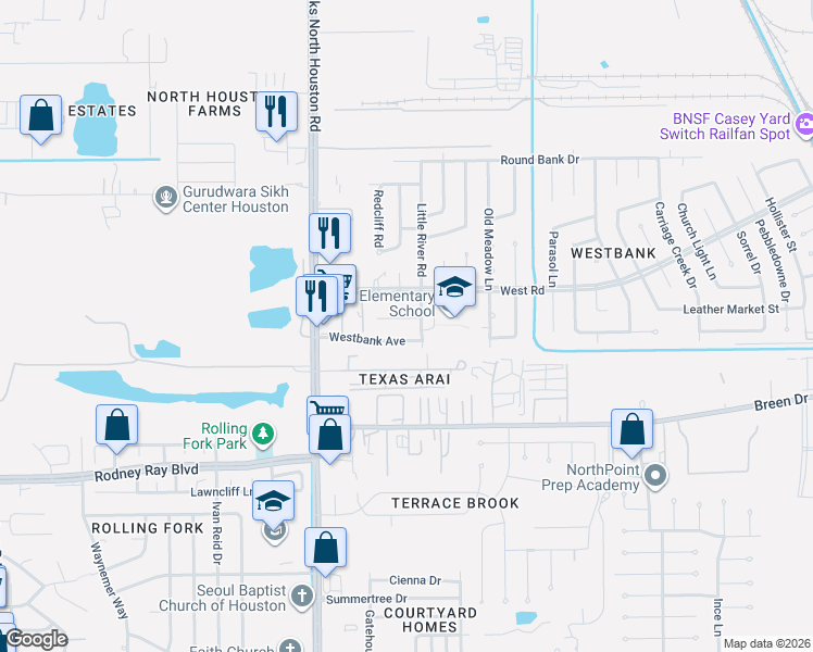 map of restaurants, bars, coffee shops, grocery stores, and more near 8214 Westbank Avenue in Houston