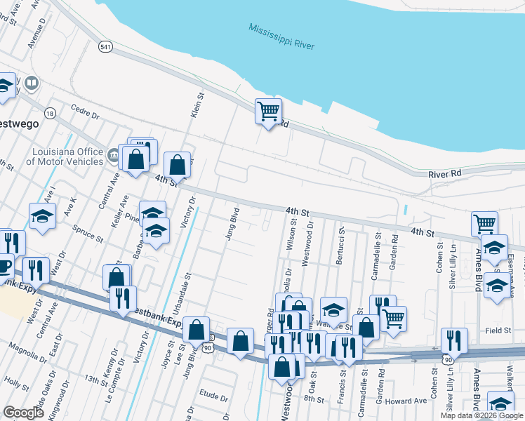 map of restaurants, bars, coffee shops, grocery stores, and more near 7414 Claremont Drive in Marrero