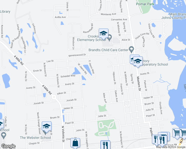 map of restaurants, bars, coffee shops, grocery stores, and more near 175 East Jayce Way in St. Augustine