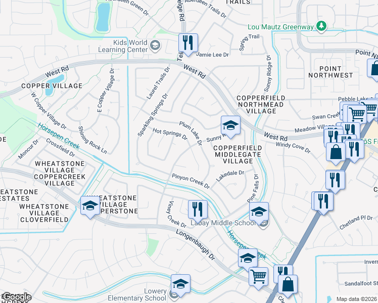 map of restaurants, bars, coffee shops, grocery stores, and more near 8118 Sunny Ridge Drive in Houston