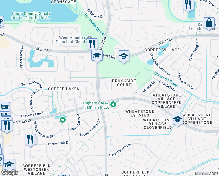 map of restaurants, bars, coffee shops, grocery stores, and more near 16826 Stoneside Drive in Houston