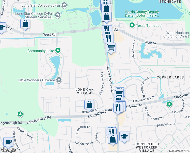 map of restaurants, bars, coffee shops, grocery stores, and more near 18018 Oak Orchard Lane in Cypress