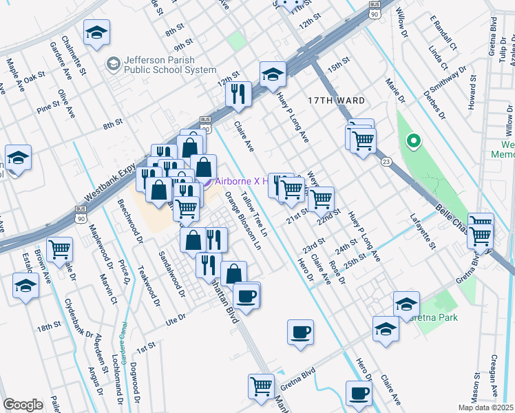 map of restaurants, bars, coffee shops, grocery stores, and more near 1100 Tallow Tree Lane in Harvey