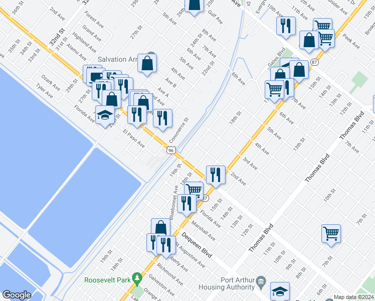 map of restaurants, bars, coffee shops, grocery stores, and more near 2010 Memorial Boulevard in Port Arthur