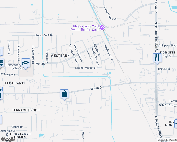 map of restaurants, bars, coffee shops, grocery stores, and more near 7623 Westbank Avenue in Houston