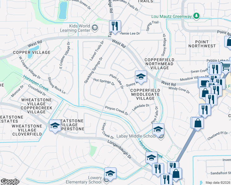 map of restaurants, bars, coffee shops, grocery stores, and more near 8118 Sunny Ridge Drive in Houston