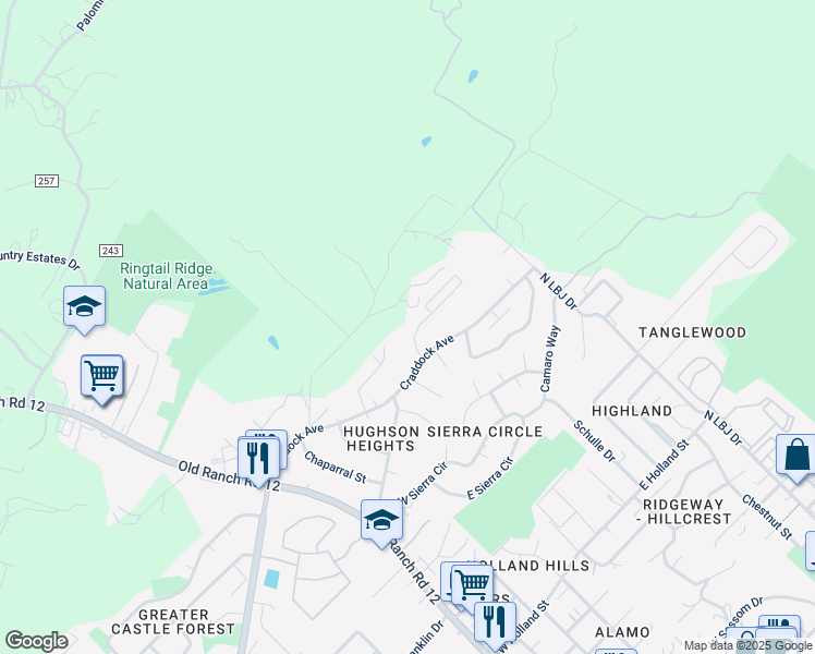 map of restaurants, bars, coffee shops, grocery stores, and more near 107 Fenway Loop in San Marcos