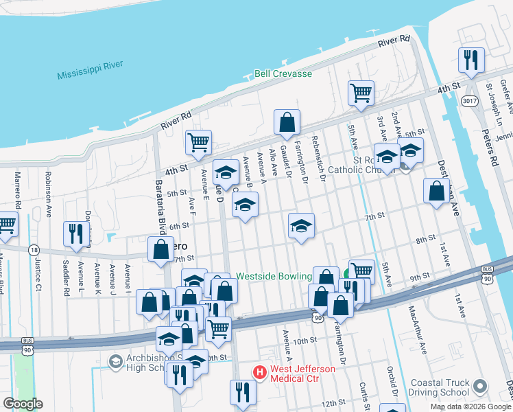map of restaurants, bars, coffee shops, grocery stores, and more near 604 Avenue A in Marrero