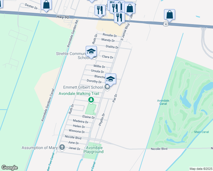 map of restaurants, bars, coffee shops, grocery stores, and more near 435 South Jamie Boulevard in Avondale