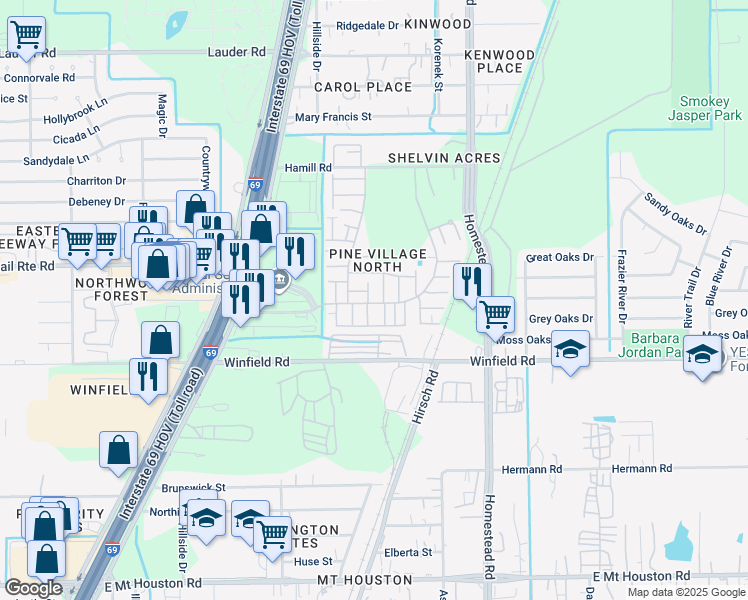 map of restaurants, bars, coffee shops, grocery stores, and more near 5757 Easthampton Drive in Houston