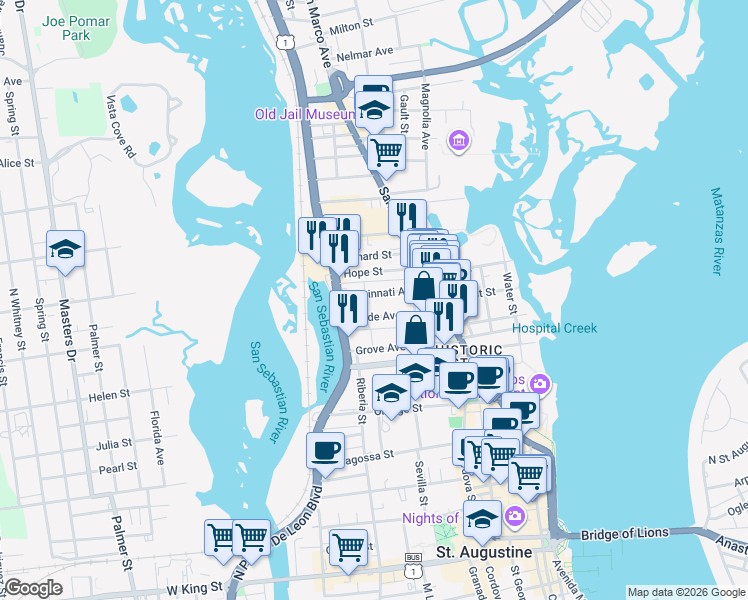 map of restaurants, bars, coffee shops, grocery stores, and more near 26 Rohde Avenue in St. Augustine