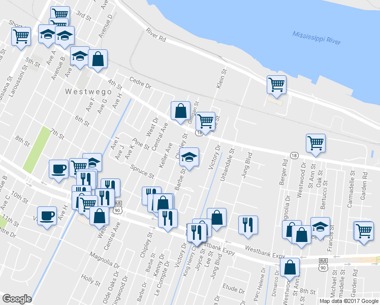 map of restaurants, bars, coffee shops, grocery stores, and more near 619 Barbe Street in Westwego