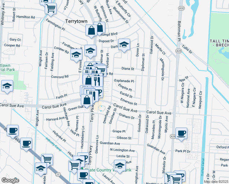 map of restaurants, bars, coffee shops, grocery stores, and more near 2111 Emerson Street in Terrytown