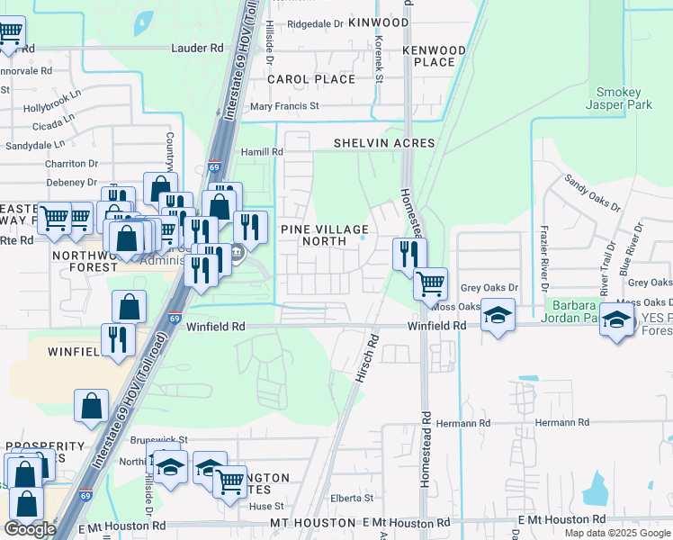 map of restaurants, bars, coffee shops, grocery stores, and more near 5757 Easthampton Drive in Houston