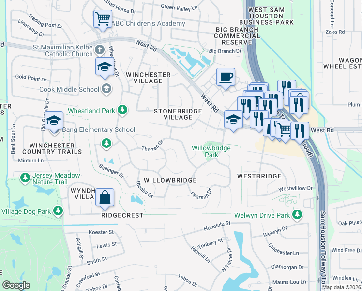 map of restaurants, bars, coffee shops, grocery stores, and more near 9615 Therrell Dr in Houston