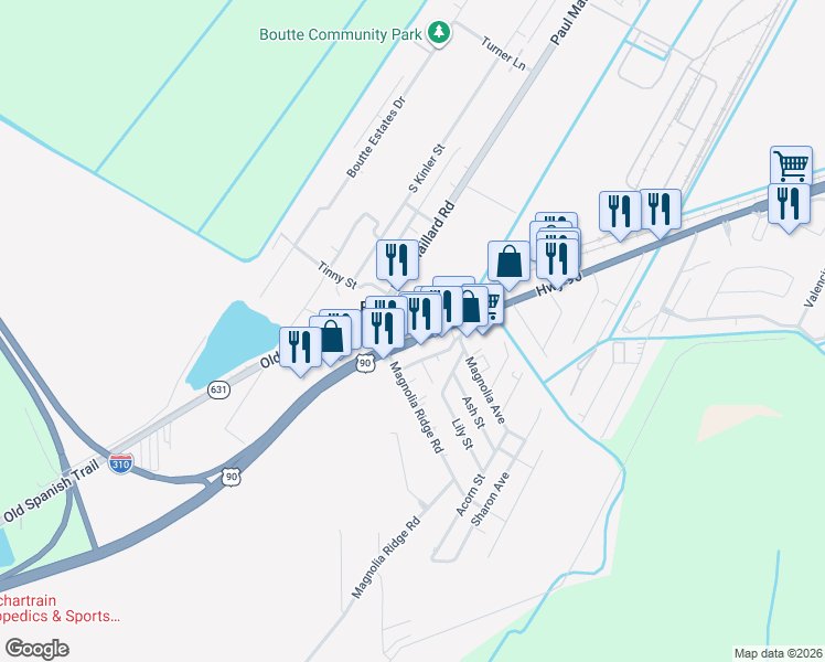 map of restaurants, bars, coffee shops, grocery stores, and more near 13491 U.S. 90 in Boutte