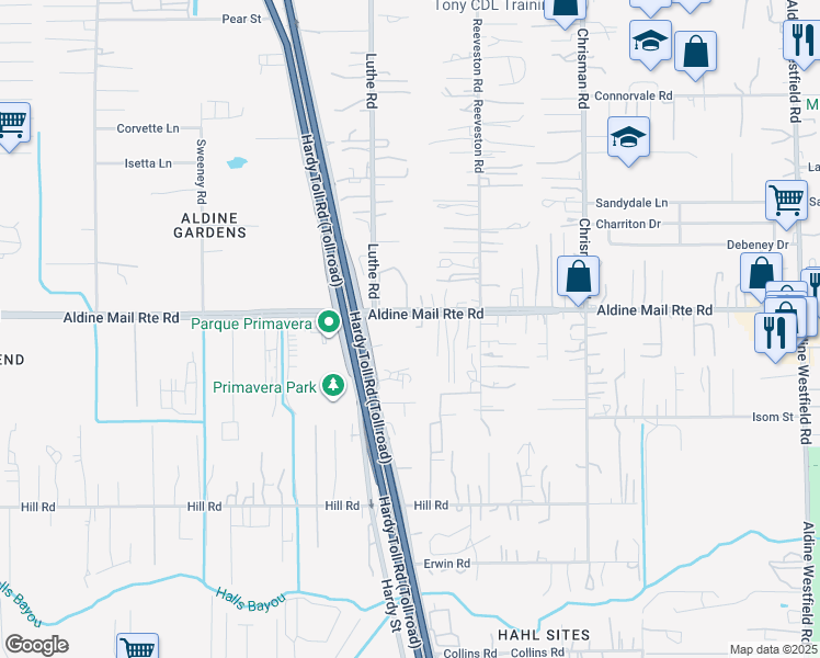map of restaurants, bars, coffee shops, grocery stores, and more near 1220 Aldine Mail Route Road in Houston