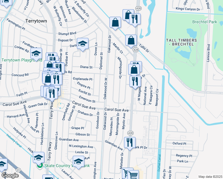 map of restaurants, bars, coffee shops, grocery stores, and more near 660 Morningside Drive in Terrytown