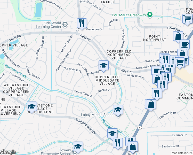 map of restaurants, bars, coffee shops, grocery stores, and more near 15826 Maple Manor Drive in Houston