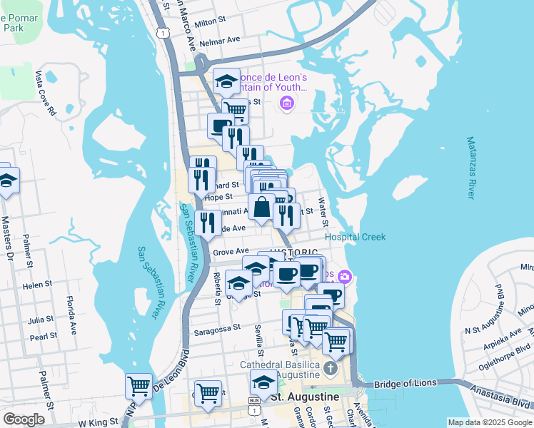 map of restaurants, bars, coffee shops, grocery stores, and more near 7 Rohde Avenue in St. Augustine
