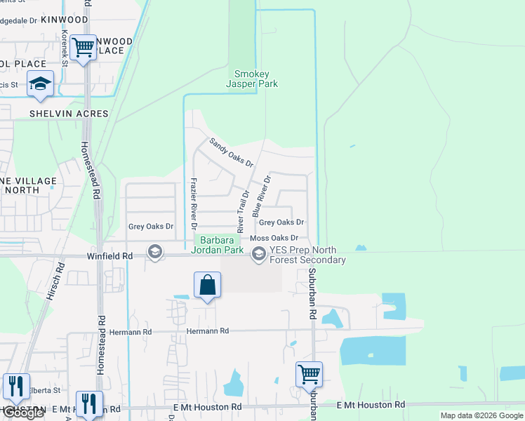 map of restaurants, bars, coffee shops, grocery stores, and more near 6714 Grey Oaks Drive in Houston